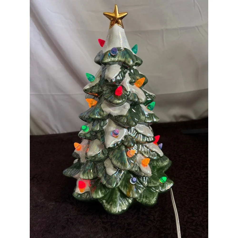 Vintage‎ Ceramic Light Up Christmas Tree Green with Snow Flocking and Gold Star
